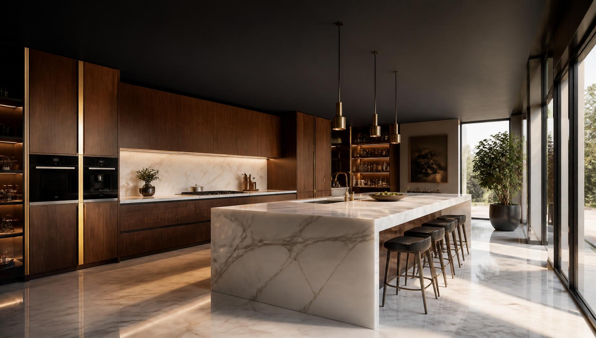 Cocina ultramoderna con isla de mármol y gabinetes de madera enchapada